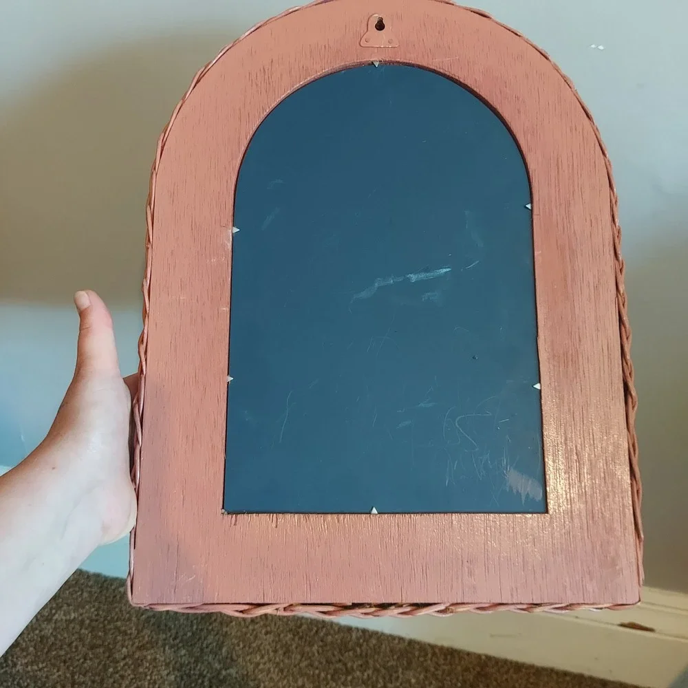 Vintage Arched Wicker Wall Mirror Woven Rattan Terracotta Pink Boho 16x12in
